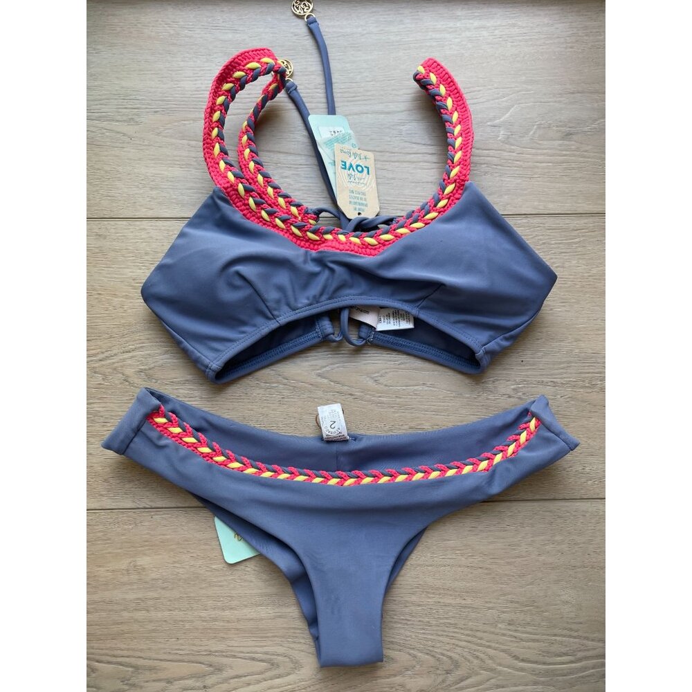 NEW Luli Fama Womens XS Blue Moon Multicolor‎ Crochet Bikini Set Swimsuit